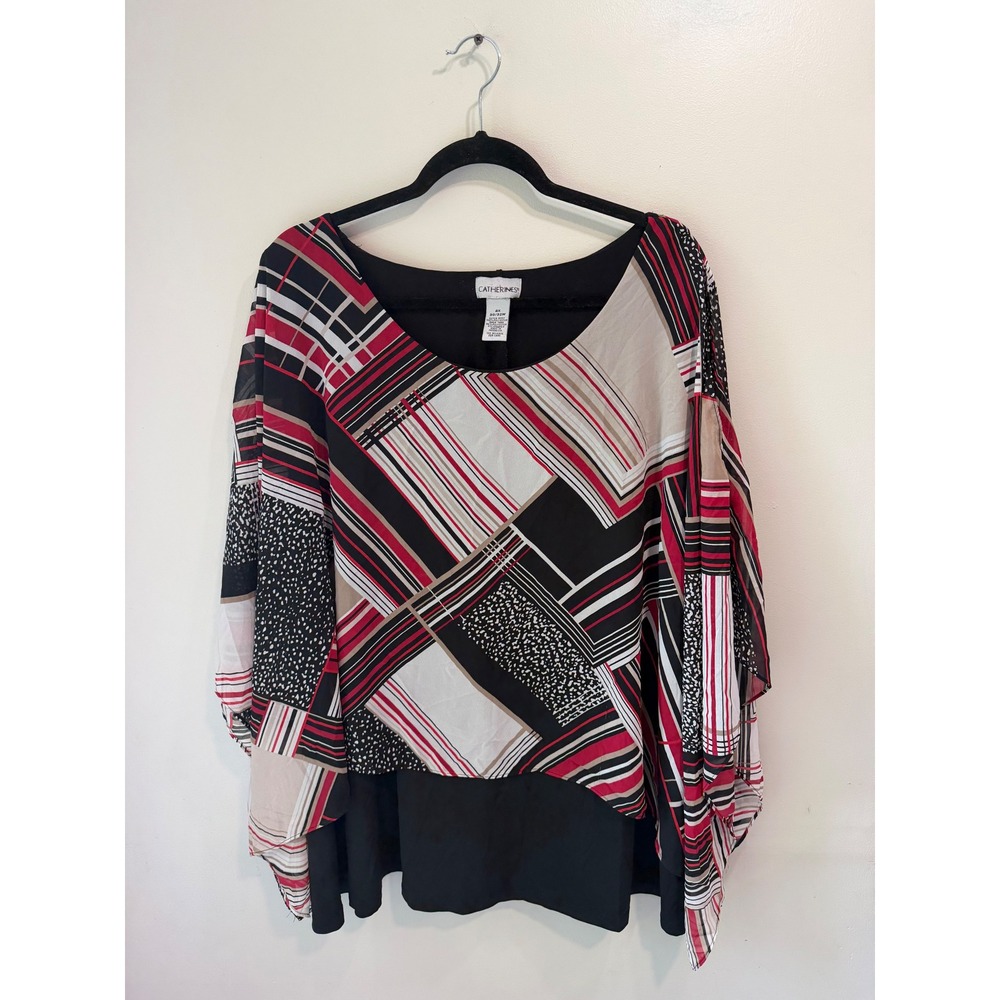 Catherines Red Black Geometric Patchwork Layered Poncho Blouse‎ 4X 30/32W